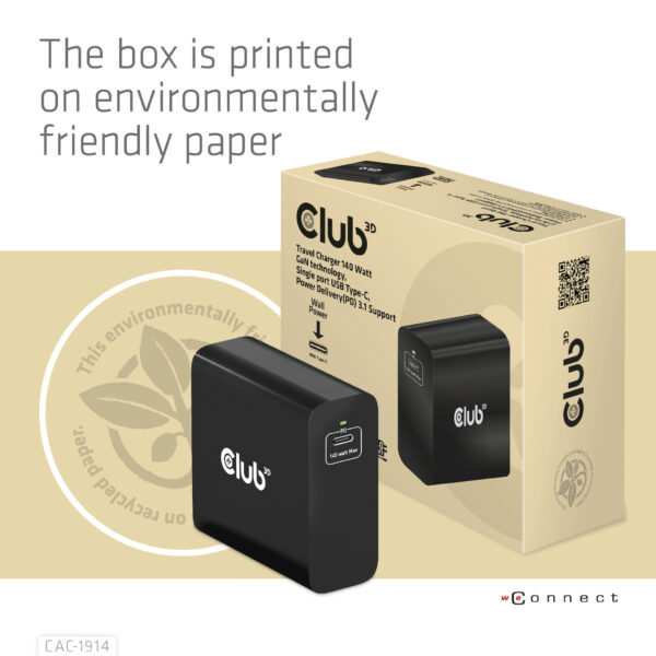 CLUB3D Travel Charger 140 Watt GaN technology, Single port USB Type-C, Power Delivery(PD) 3.1 Support - Afbeelding 20