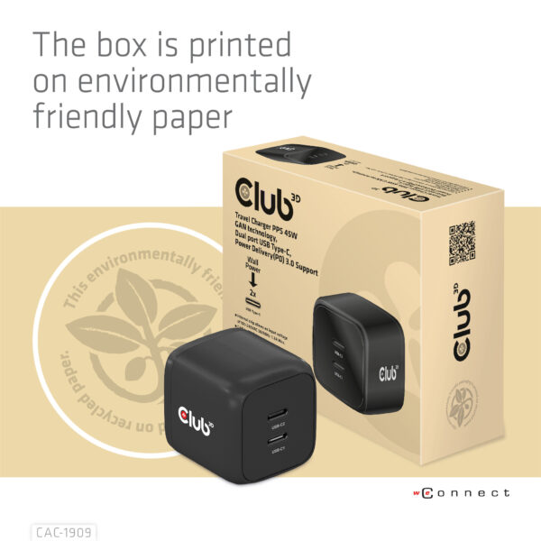 CLUB3D Travel Charger PPS 45W GAN technology, Dual port USB Type-C, Power Delivery(PD) 3.0 Support - Afbeelding 5