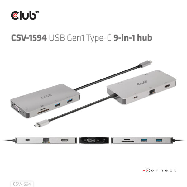 CLUB3D Type-C 9-in-1 hub with HDMI, VGA, 2x USB Gen1 Type-A,RJ45,SD/Micro SD card slots and USB Type-C oplaad mogelijkheid tot m - Afbeelding 8