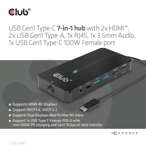 CLUB3D Type-C 7-in-1 hub met 2x HDMI, 2x USB Gen1 Type-A, 1x RJ45, 1x 3.5mm Audio,1x USB Gen1 Type-C 100W Silicon motion chip ge - Afbeelding 4
