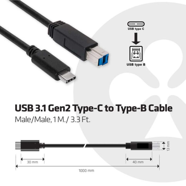 CLUB3D USB 3.1 Gen2 Type-C to Type-B Cable Male/Male, 1 meter - Afbeelding 2