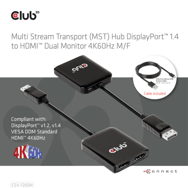 CLUB3D Multi Stream Transport (MST) Hub DisplayPort 1.4 to HDMI Dual Monitor 4K60Hz M/F - Afbeelding 2