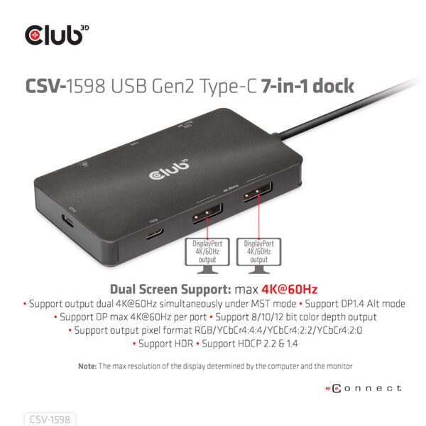 CLUB3D USB Gen2 Type-C to Dual DisplayPort 4k60Hz 7-in-1 HUB - 2x Displayport - Afbeelding 6