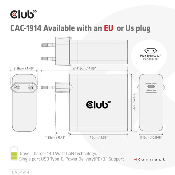 CLUB3D Travel Charger 140 Watt GaN technology, Single port USB Type-C, Power Delivery(PD) 3.1 Support - Afbeelding 7