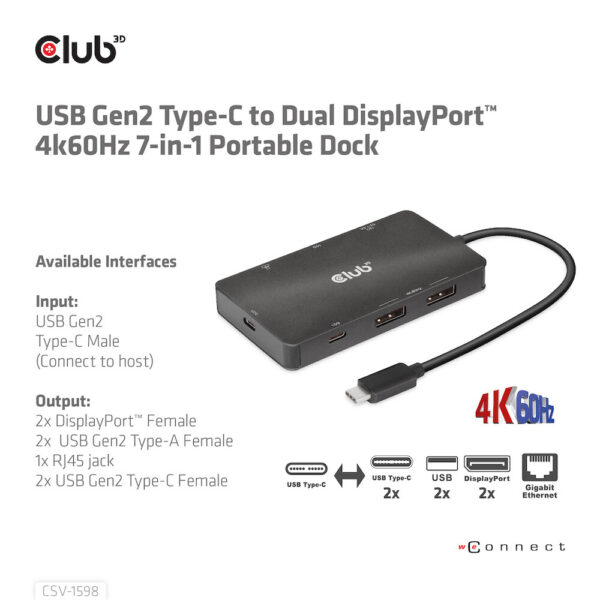 CLUB3D USB Gen2 Type-C to Dual DisplayPort 4k60Hz 7-in-1 HUB - 2x Displayport - Afbeelding 15