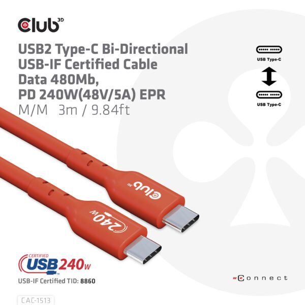 CLUB3D USB2 Type-C Bi-Directional USB-IF Certified Cable Data 480Mb, PD 240W(48V/5A) EPR M/M 3m / 9.84 ft - Afbeelding 10
