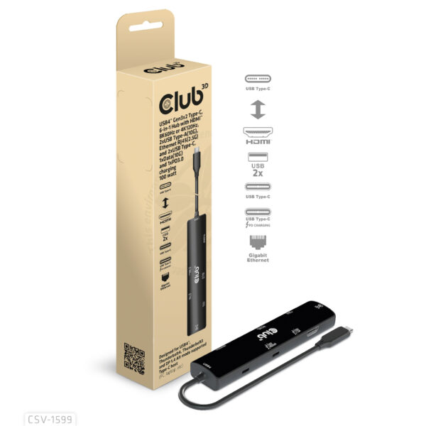 CLUB3D USB4™ Gen3x2 Type-C, 6-in-1 Hub with HDMI™ 8K60Hz or 4K120Hz, 2xUSB Type-A(10G), Ethernet RJ45(2.5G) and 2xUSB Type-C, 1x - Afbeelding 6