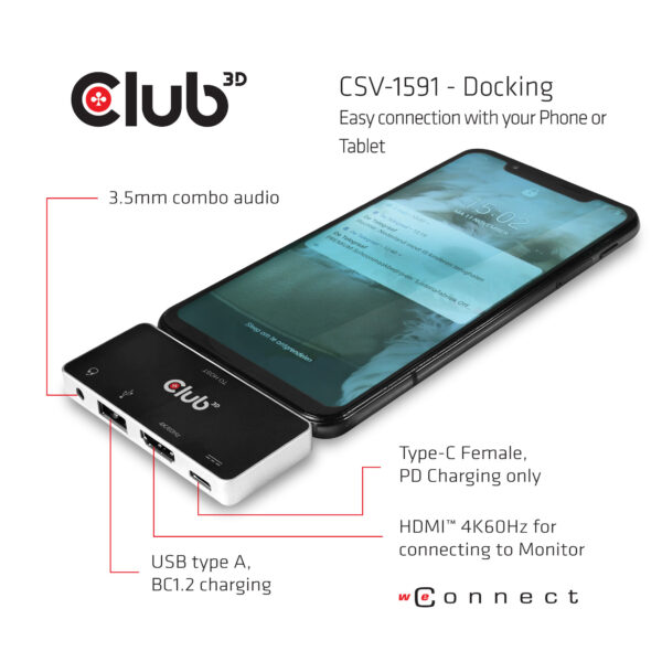 CLUB3D USB Type C 4-in-1 Hub to HDMI™ 4K60Hz USB Type C PD / USB Type A / Audio jack - Afbeelding 5