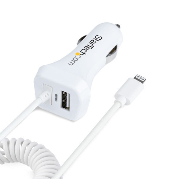 StarTech.com USB Autolader met 1m Lightning Spiraalkabel, 12W, Wit, 2 Port USB Tablet en Telefoon Oplader, Dubbele USB Car Charg - Afbeelding 2