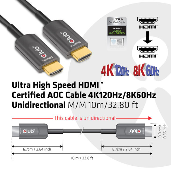 CLUB3D Ultra High Speed ​​HDMI 2.1™ gecertificeerde AOC-kabel 4K120Hz/8K60Hz Unidirectioneel M/M 10 meter - Afbeelding 2