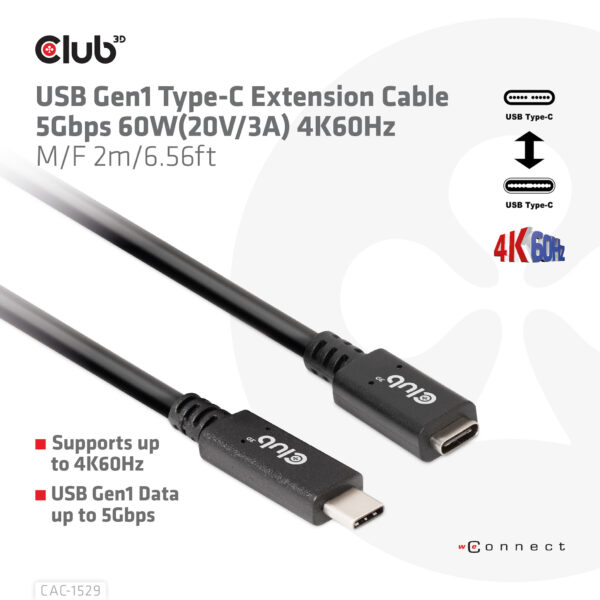 CLUB3D USB Gen1 Type-C Extensie kabel 5Gbps 60W(20V/3A) 4K60Hz M/F 2m/6.56ft - Afbeelding 3