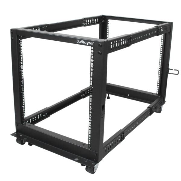 StarTech.com 4-Post 12U Mobiel Open Frame Server Rack, 19" Patchkast met Wielen en 4 Stijlen, Open Serverkast met Verstelbare Di