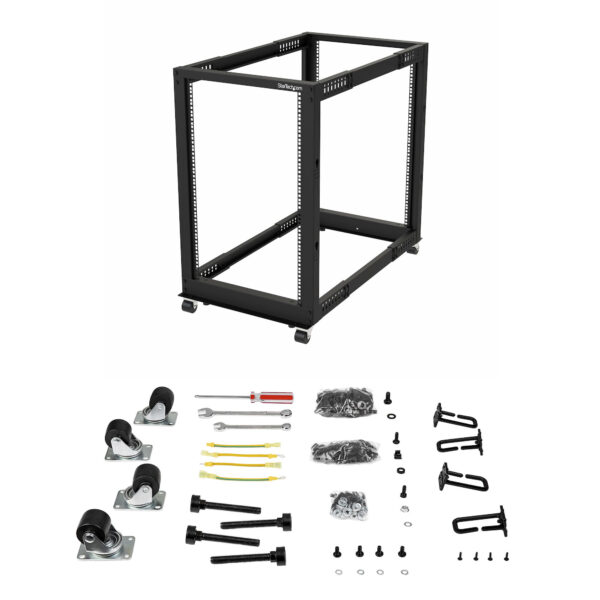 StarTech.com 4-Post 18U Mobiel Open Frame Server Rack, 19" Patchkast met Wielen en 4 Stijlen, Open Serverkast met Verstelbare Di - Afbeelding 2