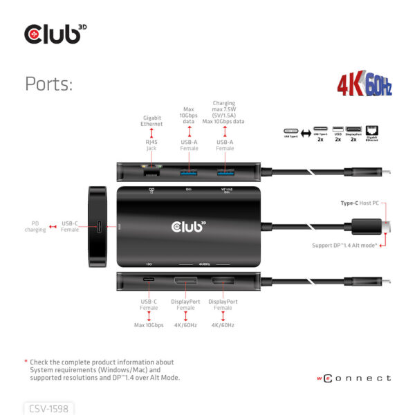 CLUB3D USB Gen2 Type-C to Dual DisplayPort 4k60Hz 7-in-1 HUB - 2x Displayport - Afbeelding 8