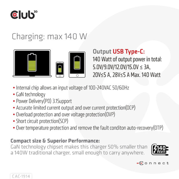 CLUB3D Travel Charger 140 Watt GaN technology, Single port USB Type-C, Power Delivery(PD) 3.1 Support - Afbeelding 8