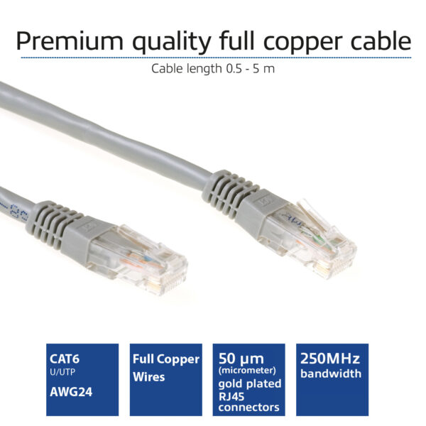 ACT Grijze 1 meter U/UTP CAT6 patchkabel met RJ45 connectoren - Afbeelding 3