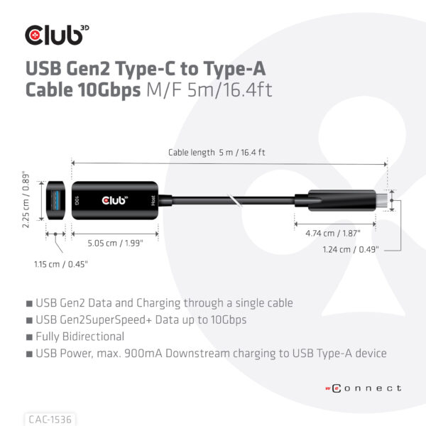 CLUB3D USB Gen2 Type-C to Type-A Cable 10Gbps M/V 5m - Afbeelding 5