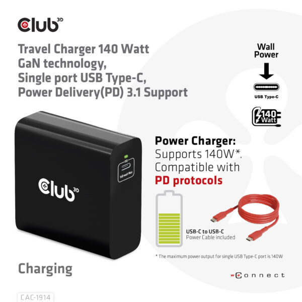 CLUB3D Travel Charger 140 Watt GaN technology, Single port USB Type-C, Power Delivery(PD) 3.1 Support - Afbeelding 10