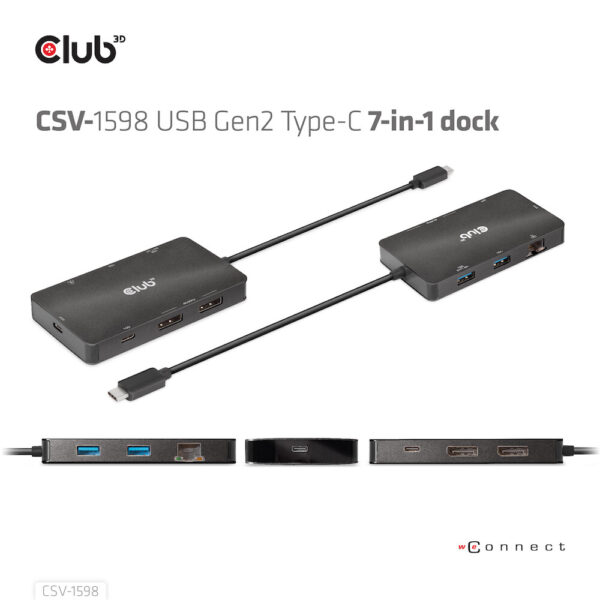 CLUB3D USB Gen2 Type-C to Dual DisplayPort 4k60Hz 7-in-1 HUB - 2x Displayport - Afbeelding 2