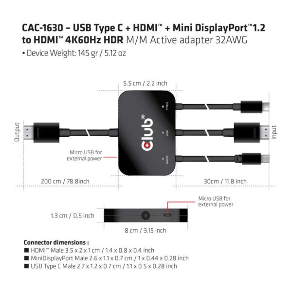CLUB3D USB Type C + HDMI™ + MiniDisplayPort™ 1.2 to HDMI™ 4K60Hz HDR M/M Active Adapter 32AWG - Afbeelding 9