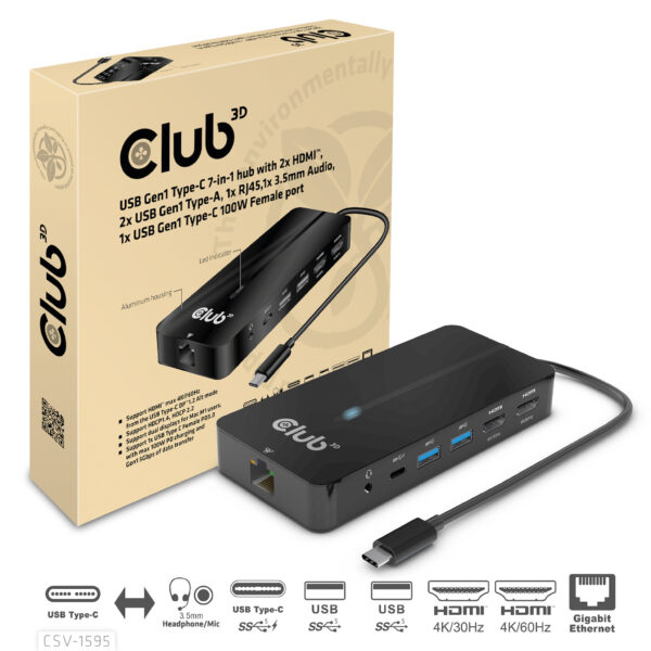 CLUB3D Type-C 7-in-1 hub met 2x HDMI, 2x USB Gen1 Type-A, 1x RJ45, 1x 3.5mm Audio,1x USB Gen1 Type-C 100W Silicon motion chip ge - Afbeelding 2