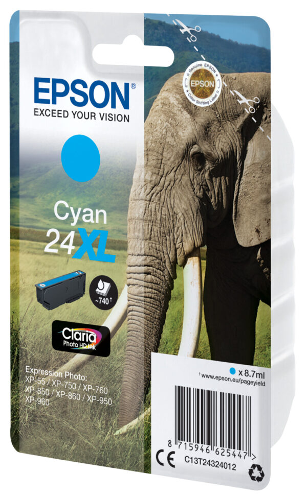 Epson Elephant Singlepack Cyan 24XL Claria Photo HD Ink - Afbeelding 2