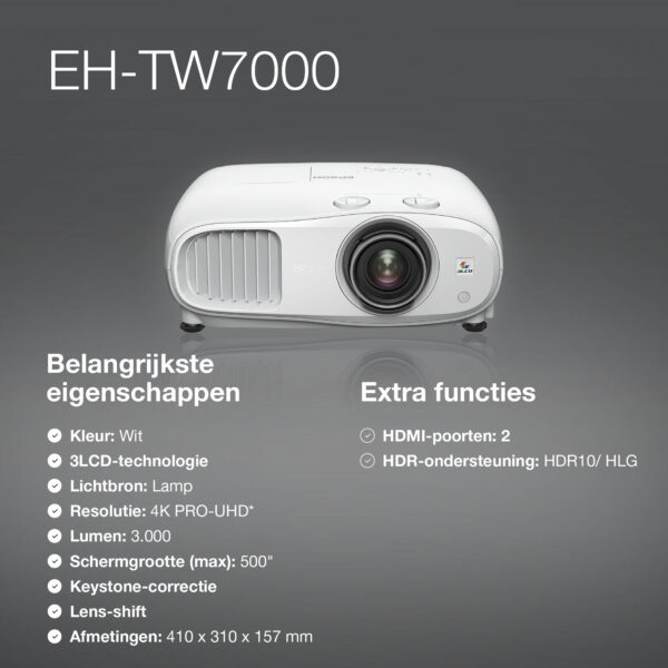 Epson EH-TW7000 4K PRO-UHD-projector, 3000 lumen, scherm van maximaal 500 inch - Afbeelding 4