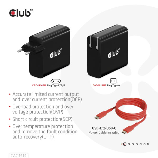 CLUB3D Travel Charger 140 Watt GaN technology, Single port USB Type-C, Power Delivery(PD) 3.1 Support - Afbeelding 4
