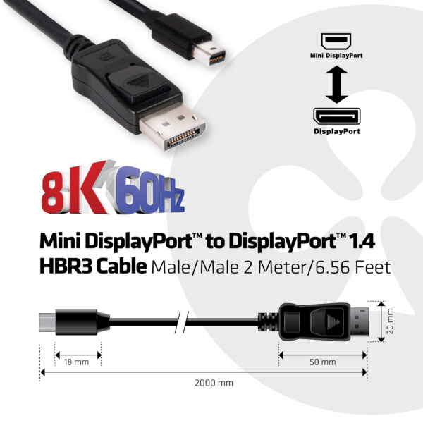 CLUB3D Mini DisplayPort naar DisplayPort 1.4 HBR3 8K60Hz Kabel, 2 Meter - Afbeelding 4