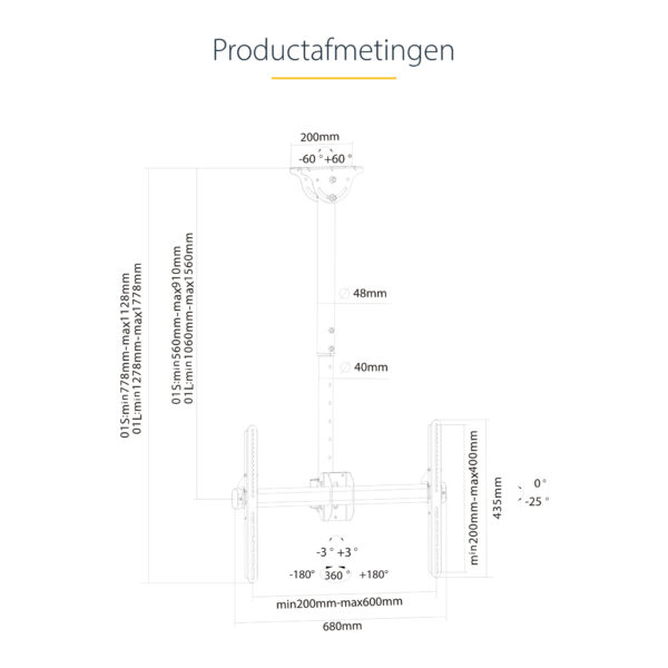 StarTech.com TV Plafondbeugel, Full-Motion Universele Ophangbeugel, Hangende VESA Beugel voor Single 32”-75" TVs / Displays, Kan - Afbeelding 15