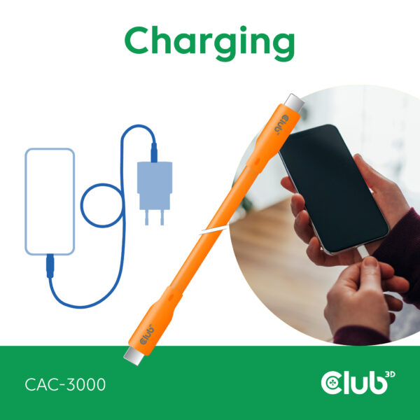 CLUB3D USB C oplaadkabel oranje siliconen & tangle-free - Afbeelding 5
