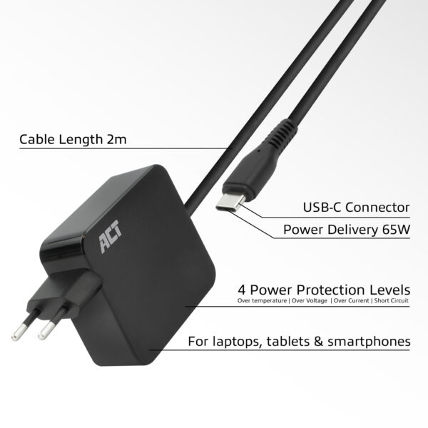 ACT USB-C laptoplader 65W met Power Delivery-profielen, 2 meter - Afbeelding 3