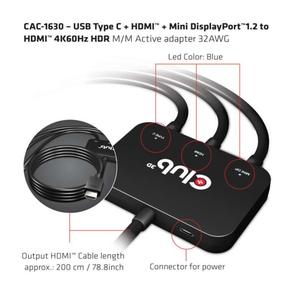 CLUB3D USB Type C + HDMI™ + MiniDisplayPort™ 1.2 to HDMI™ 4K60Hz HDR M/M Active Adapter 32AWG - Afbeelding 6