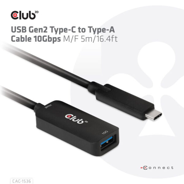 CLUB3D USB Gen2 Type-C to Type-A Cable 10Gbps M/V 5m - Afbeelding 8