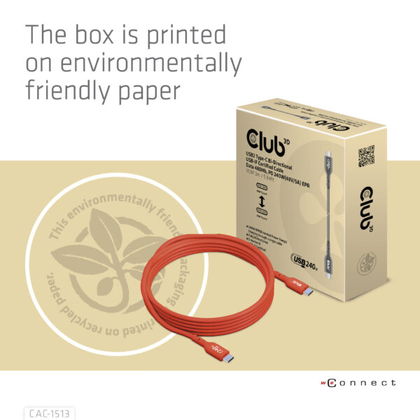 CLUB3D USB2 Type-C Bi-Directional USB-IF Certified Cable Data 480Mb, PD 240W(48V/5A) EPR M/M 3m / 9.84 ft - Afbeelding 9