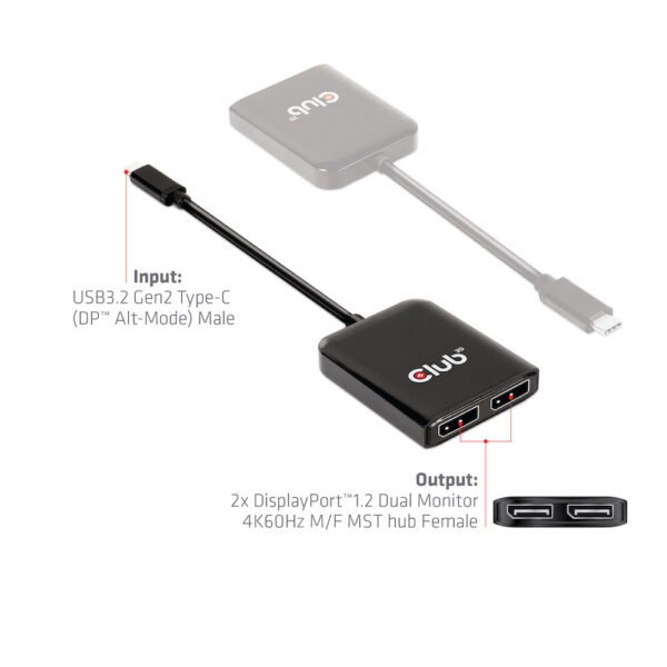 CLUB3D USB3.2 Gen2 Type-C(DP Alt-Mode) to DisplayPort Dual Monitor 4K60Hz M/F MST hub - Afbeelding 4