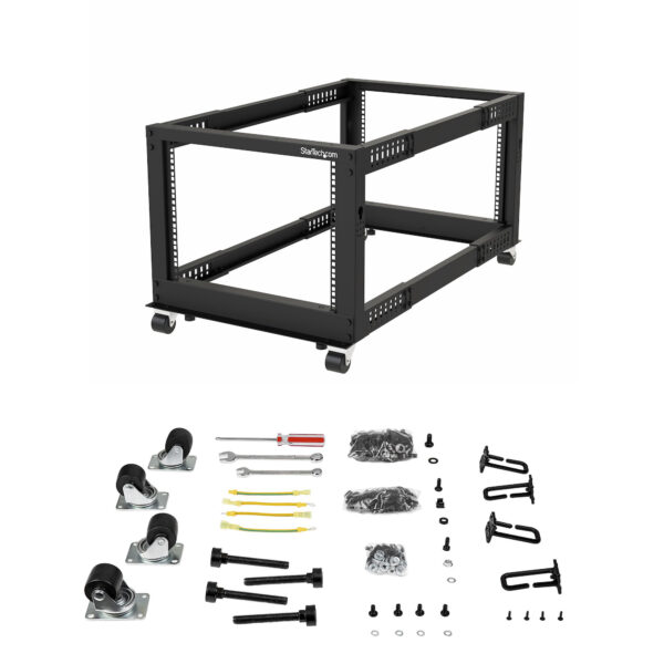 StarTech.com 4-Post 8U Mobiel Open Frame Server Rack, 19" Patchkast met Wielen en 4 Stijlen, Kleine Serverkast met Verstelbare D - Afbeelding 6
