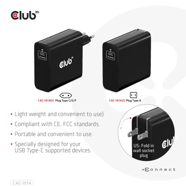 CLUB3D Travel Charger 140 Watt GaN technology, Single port USB Type-C, Power Delivery(PD) 3.1 Support - Afbeelding 3