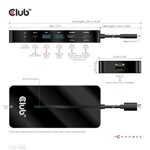 CLUB3D Type-C 7-in-1 hub met 2x HDMI, 2x USB Gen1 Type-A, 1x RJ45, 1x 3.5mm Audio,1x USB Gen1 Type-C 100W Silicon motion chip ge - Afbeelding 6