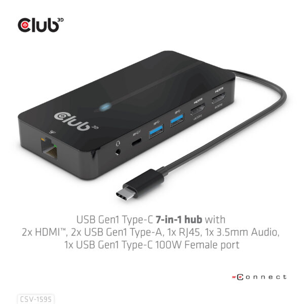 CLUB3D Type-C 7-in-1 hub met 2x HDMI, 2x USB Gen1 Type-A, 1x RJ45, 1x 3.5mm Audio,1x USB Gen1 Type-C 100W Silicon motion chip ge - Afbeelding 9