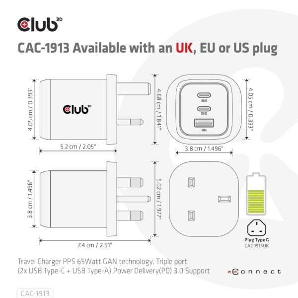 CLUB3D CAC-1913EU Travel Charger 65W GaN - Afbeelding 5