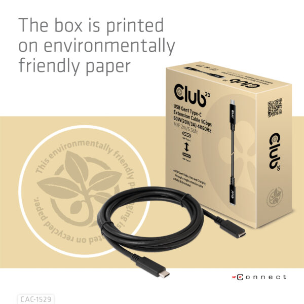 CLUB3D USB Gen1 Type-C Extensie kabel 5Gbps 60W(20V/3A) 4K60Hz M/F 2m/6.56ft - Afbeelding 9