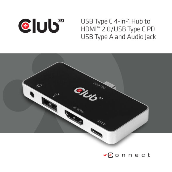 CLUB3D USB Type C 4-in-1 Hub to HDMI™ 4K60Hz USB Type C PD / USB Type A / Audio jack - Afbeelding 3