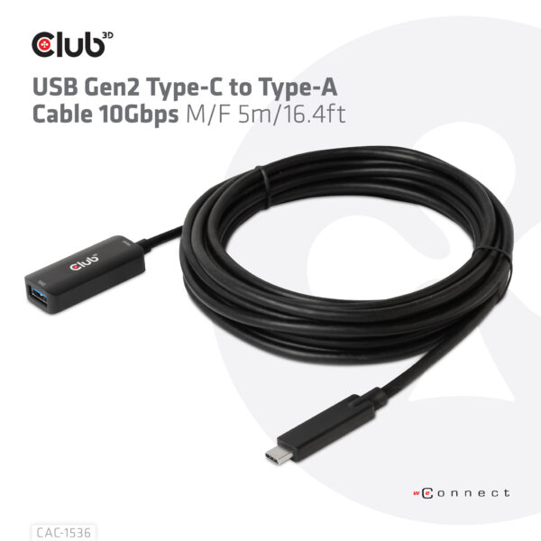 CLUB3D USB Gen2 Type-C to Type-A Cable 10Gbps M/V 5m - Afbeelding 2