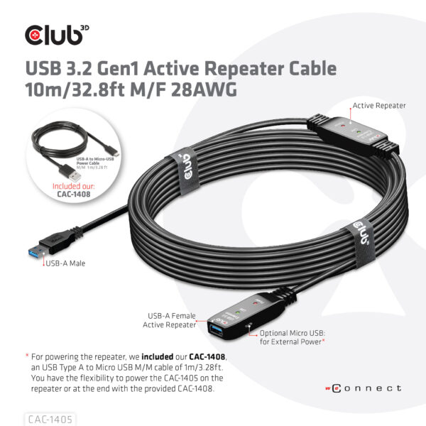 CLUB3D USB 3.2 Gen1 Active Repeater Cable 10m / 32.8ft M/F 28AWG - Afbeelding 5