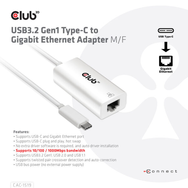 CLUB3D USB3.2 Gen1 Type-C to Gigabit Ethernet Adapter M/F - Afbeelding 2