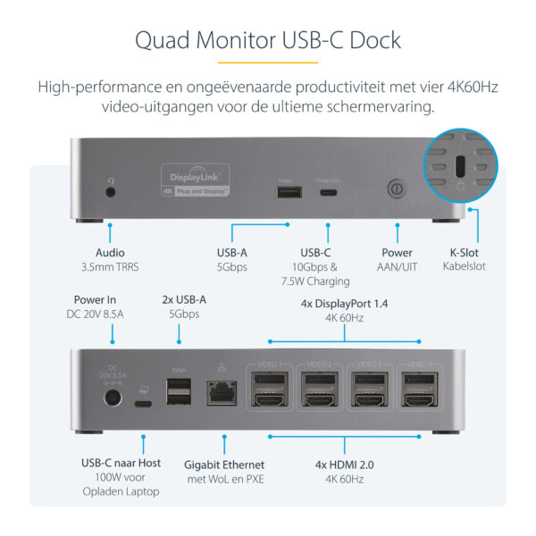 StarTech.com USB-C Dock, 4K 60Hz Quad Monitor DisplayPort & HDMI, Universeel USB Type-C Docking Station met 100W Power Delivery, - Afbeelding 9