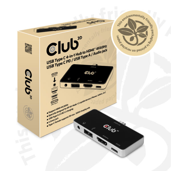 CLUB3D USB Type C 4-in-1 Hub to HDMI™ 4K60Hz USB Type C PD / USB Type A / Audio jack - Afbeelding 2