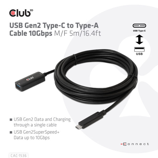 CLUB3D USB Gen2 Type-C to Type-A Cable 10Gbps M/V 5m - Afbeelding 4