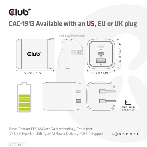 CLUB3D CAC-1913EU Travel Charger 65W GaN - Afbeelding 8